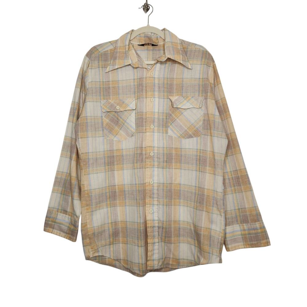 Vintage 70s Rockabilly Hippie Large Plaid Long Sleeve Button Shirt Pastels